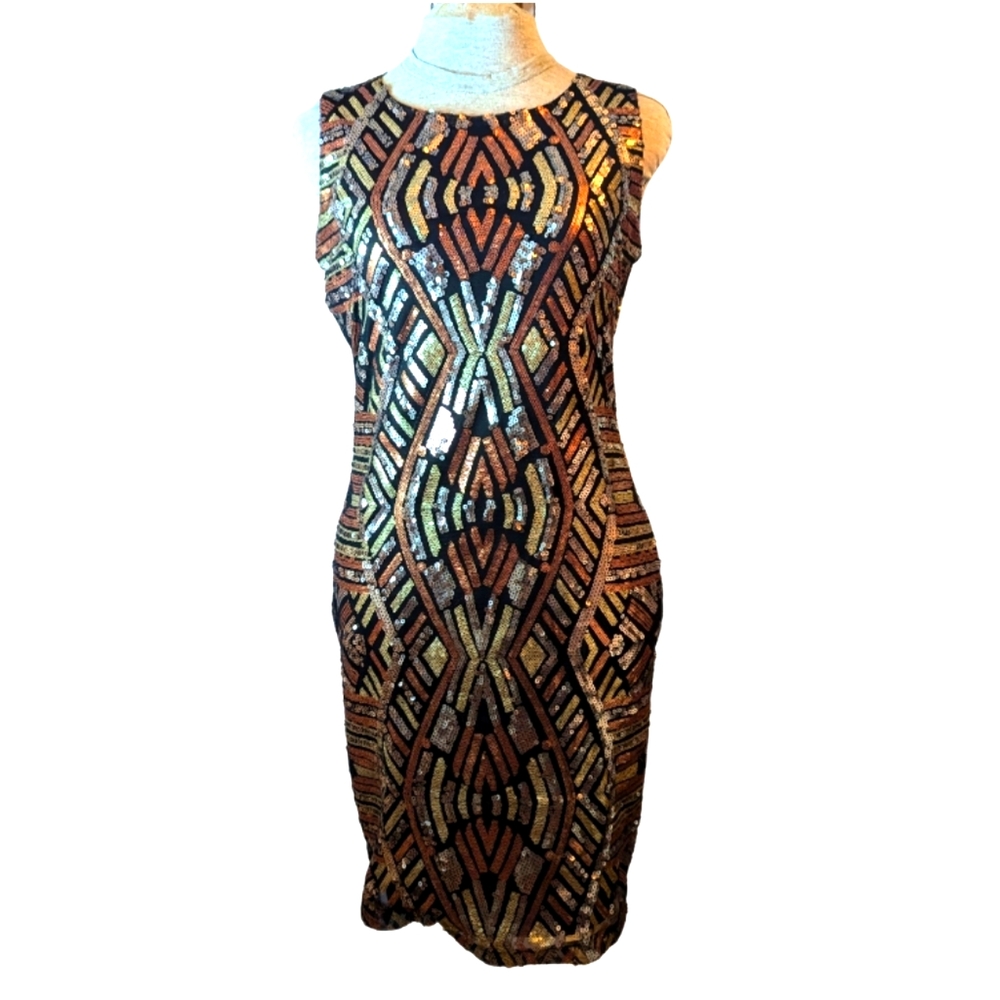 Olivia Matthews Black Gold Sequin Midi Dress